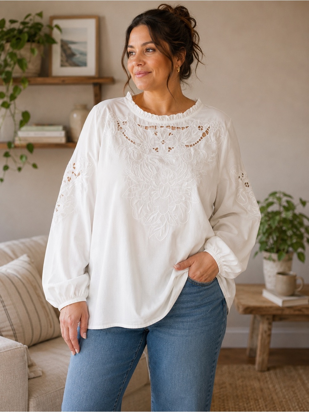 Talbots Embroidered Cotton Peasant Blouse Boho Cottagecore Prairie White 3X